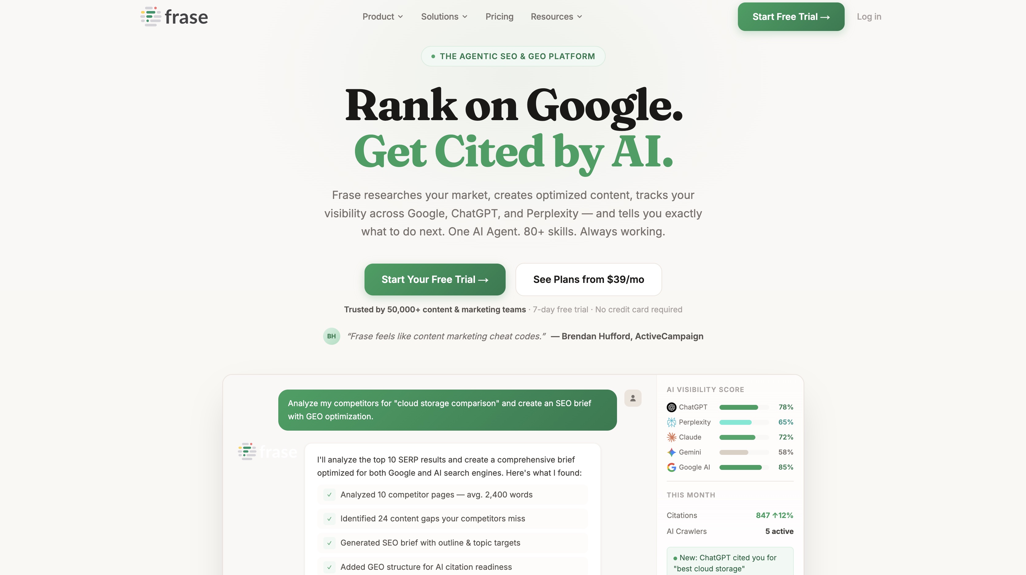 Frase homepage, "Rank on Google. Get Cited by AI," with its AI agent drafting an SEO brief beside an AI visibility score