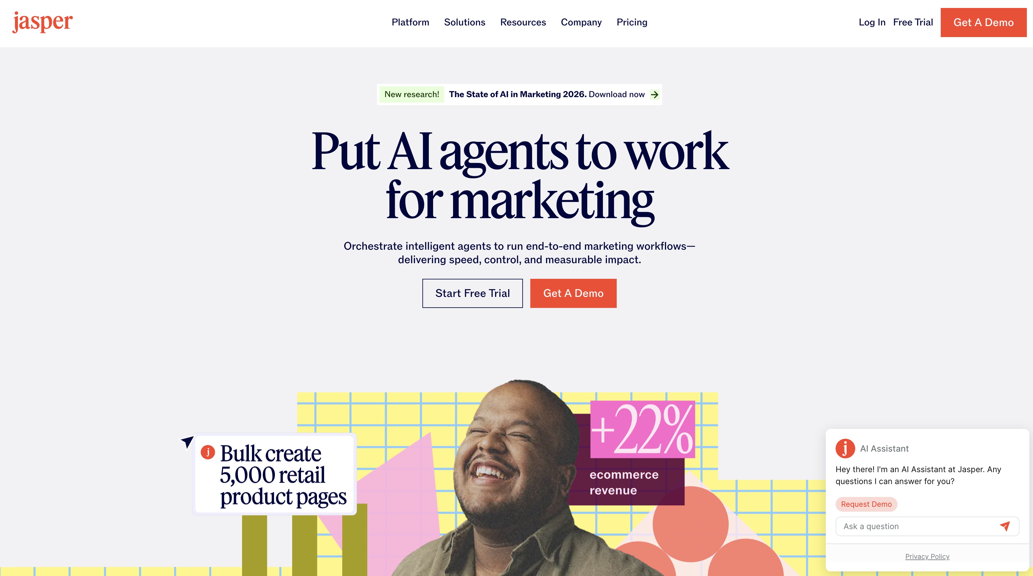 Jasper homepage, "Put AI agents to work for marketing," with free trial and demo buttons