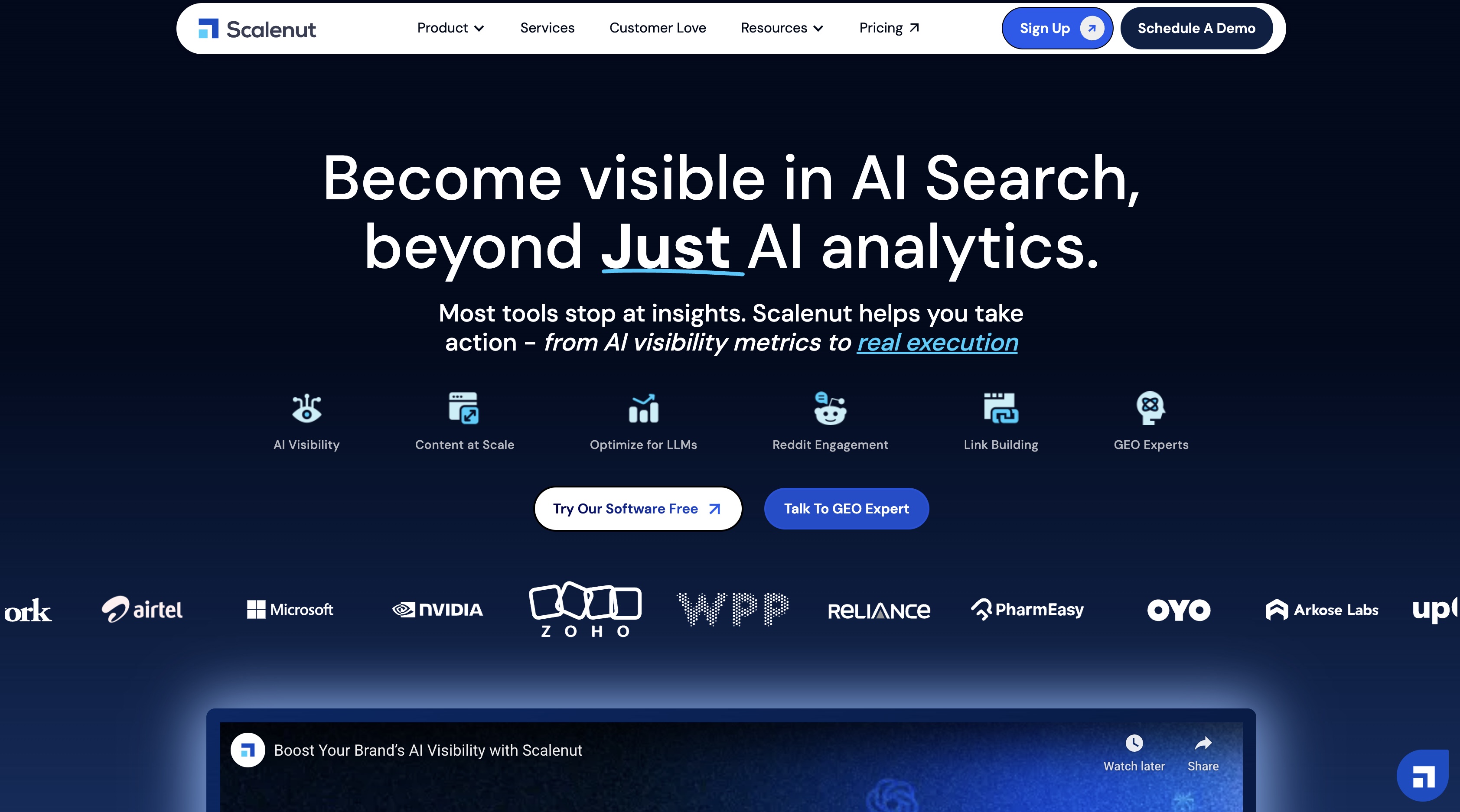 Scalenut homepage, "Become visible in AI Search," listing AI visibility, content at scale and link building