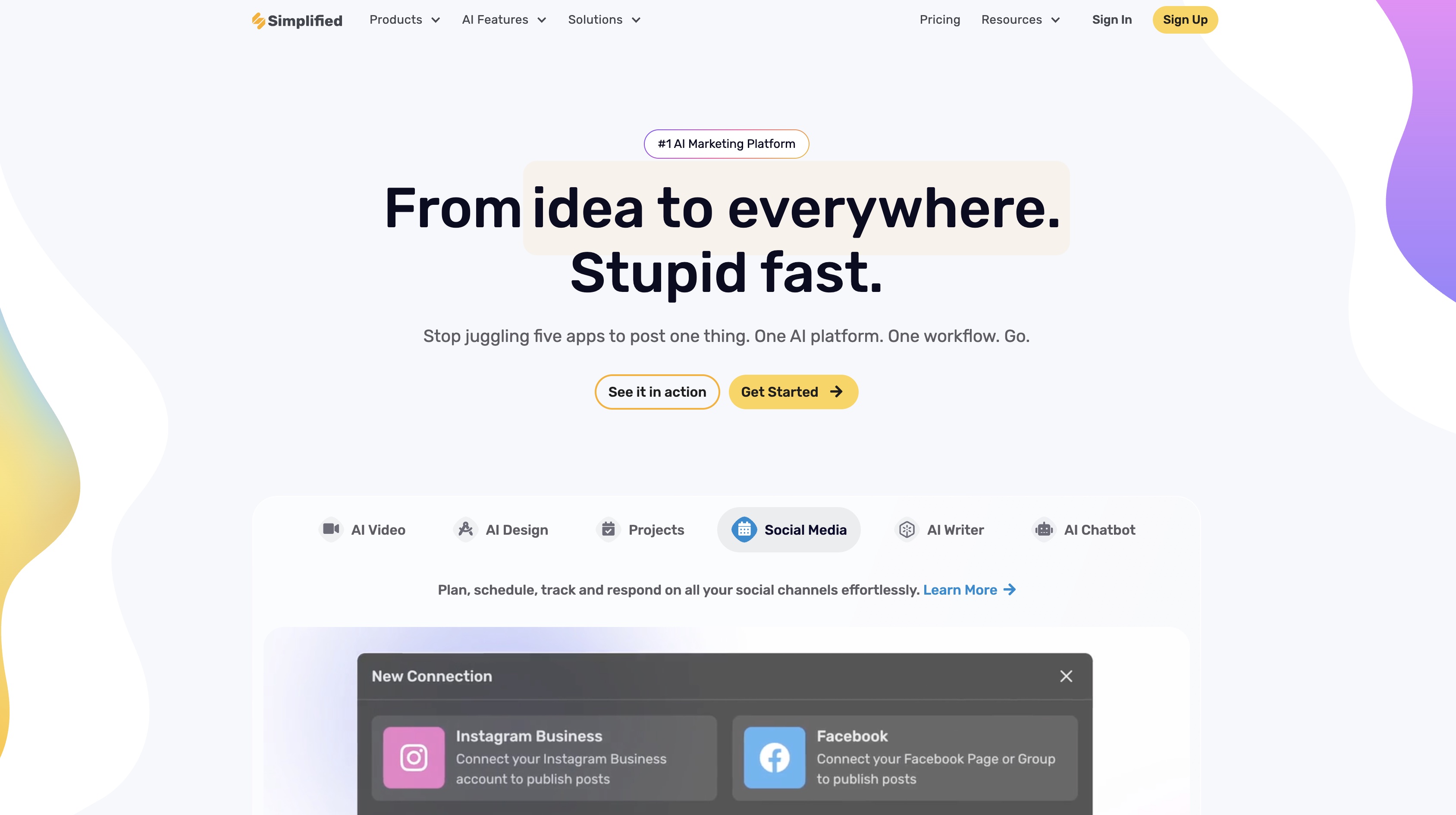 Simplified homepage, an AI marketing platform with tabs for AI video, AI design, social media and AI writer