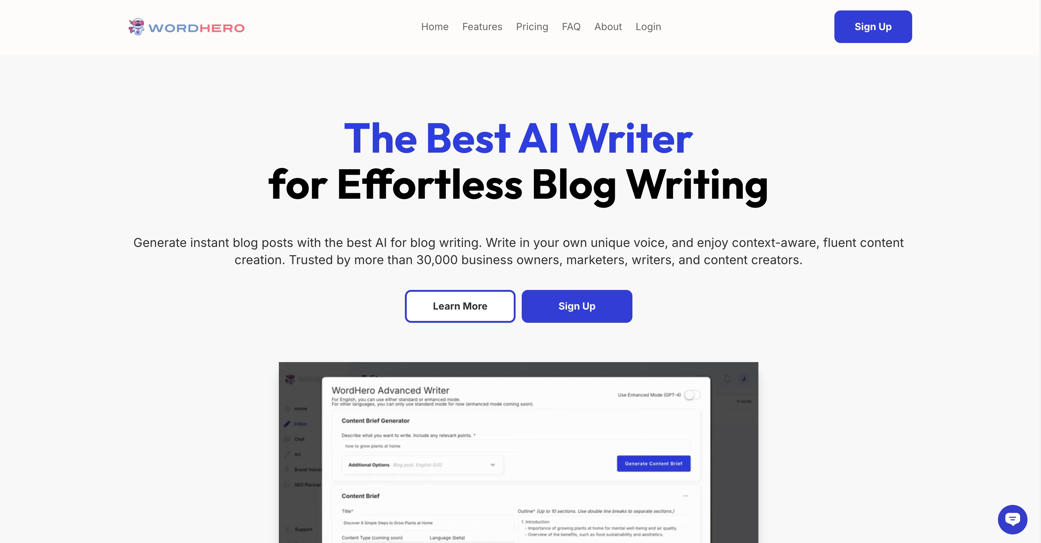 WordHero homepage, "The Best AI Writer for Effortless Blog Writing," above its content brief generator