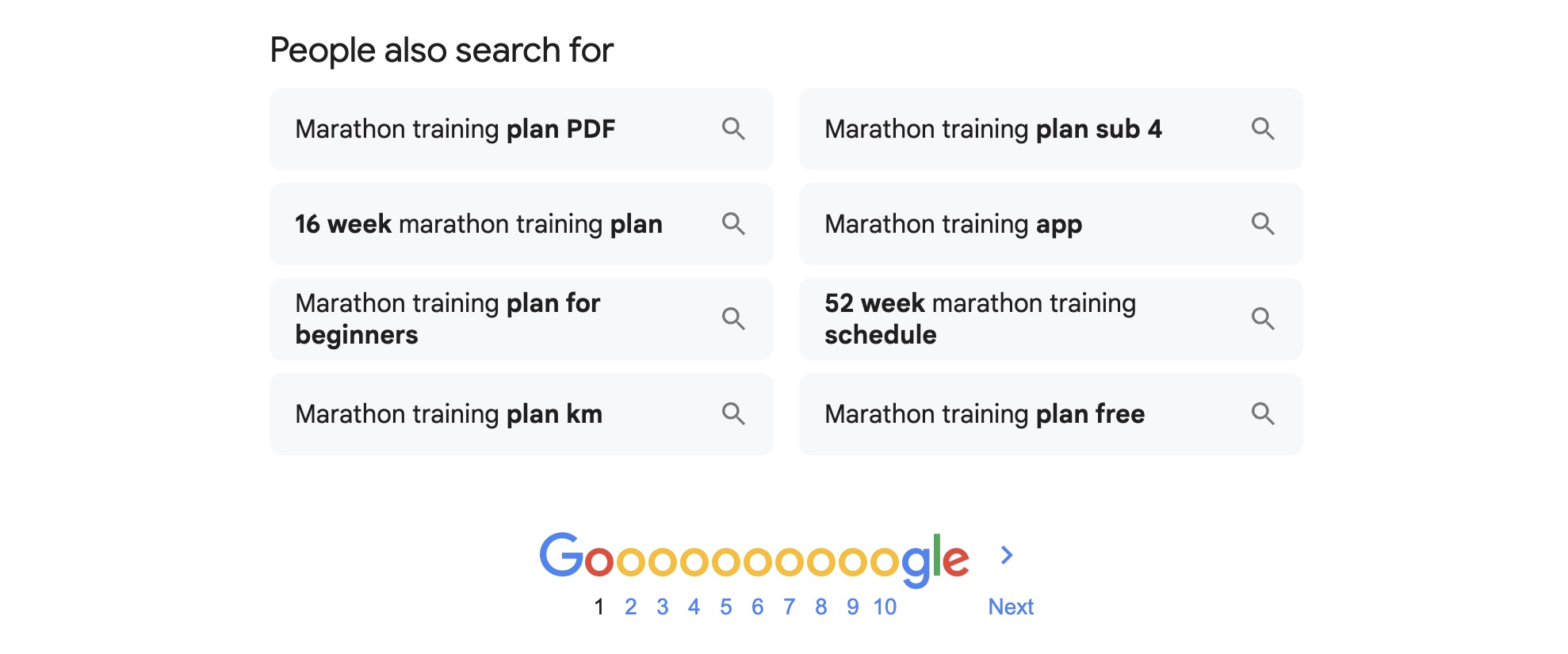 Related searches for marathon training on Google
