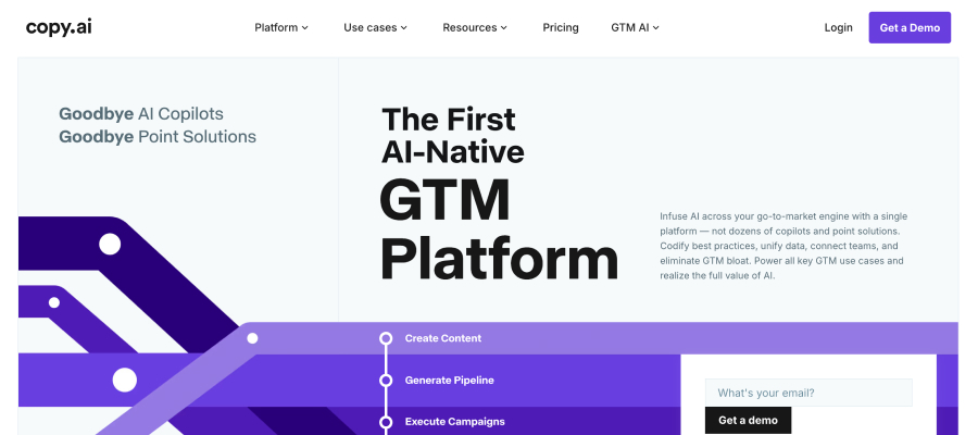 Copy.ai homepage, "The First AI-Native GTM Platform," for creating content, generating pipeline and executing campaigns