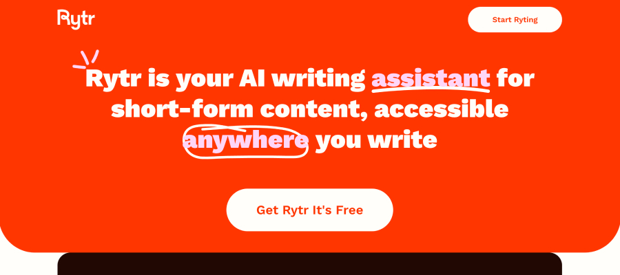 Rytr homepage: "Rytr is your AI writing assistant for short-form content, accessible anywhere you write"