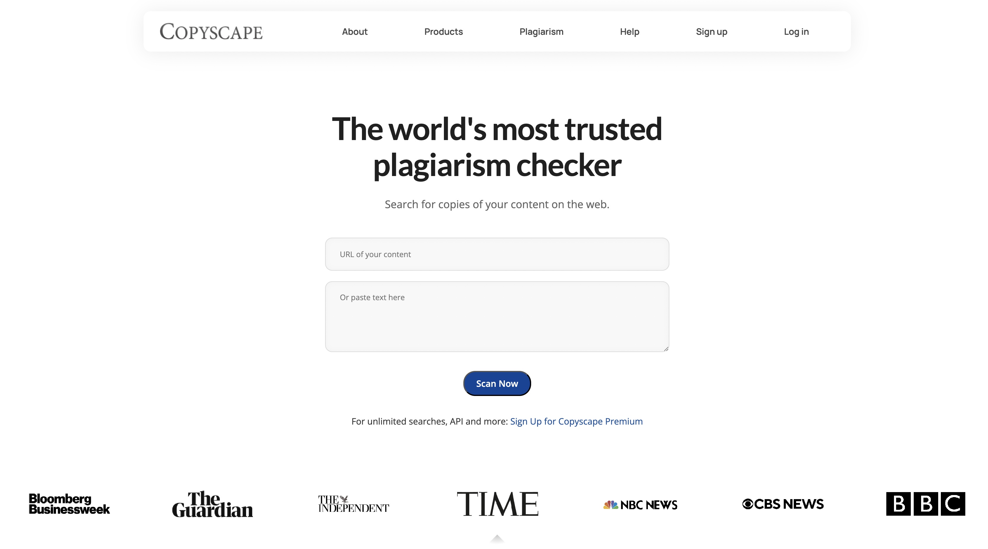 Copyscape homepage, "The world's most trusted plagiarism checker," with fields to check a URL or pasted text