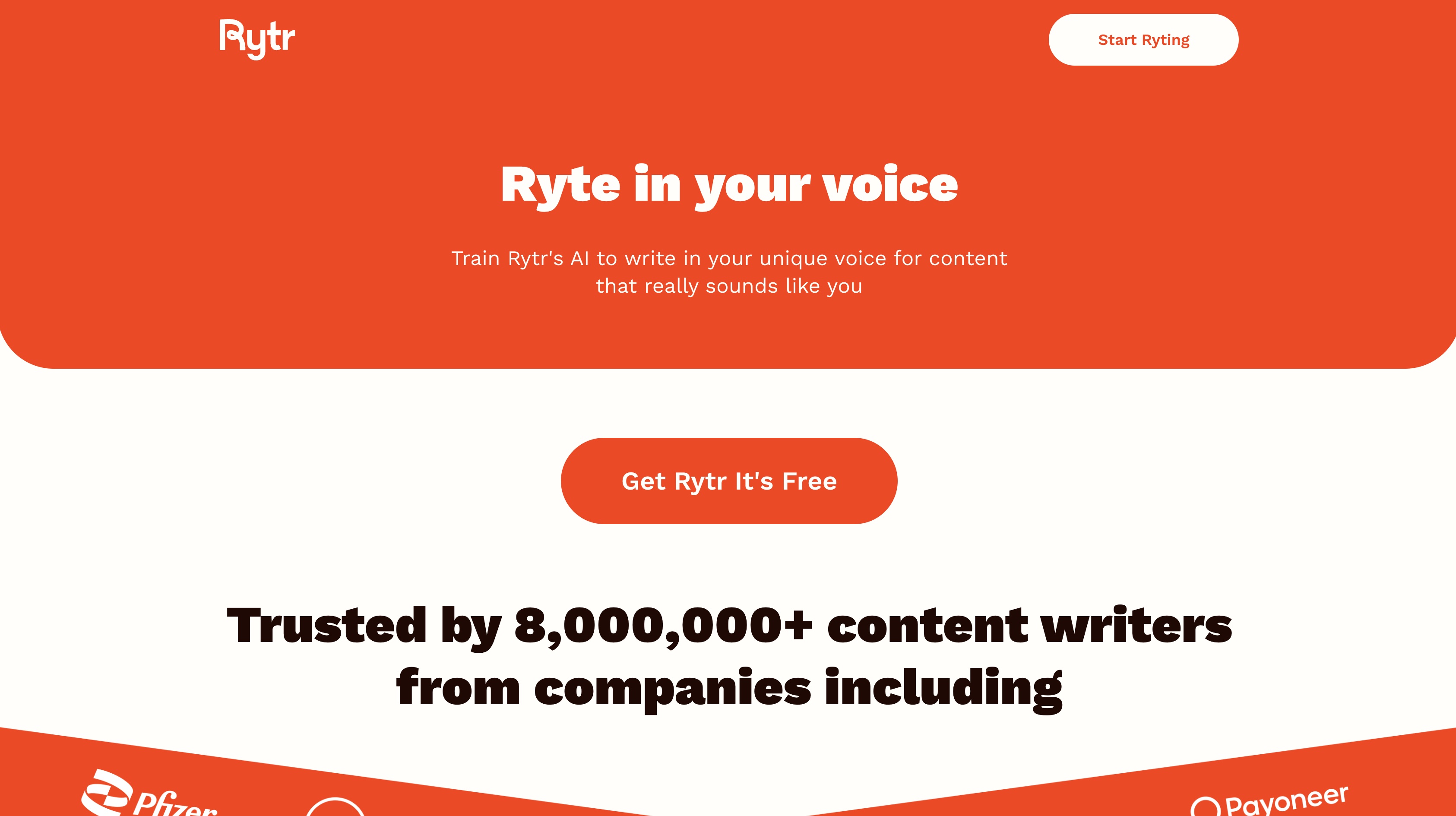 Rytr's "Ryte in your voice" page: train Rytr's AI to write content in your unique voice