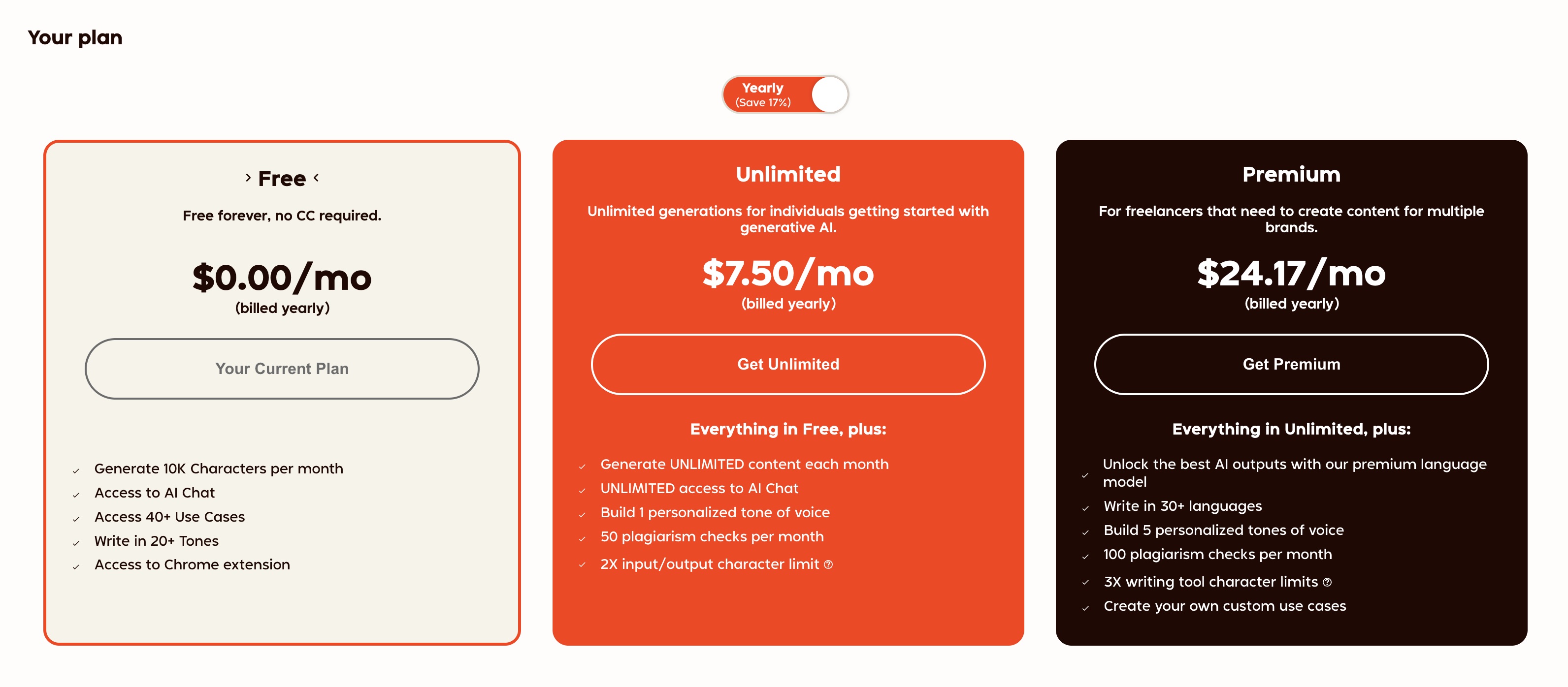 Rytr pricing plans: Free at $0, Unlimited at $7.50 a month and Premium at $24.17 a month, billed yearly