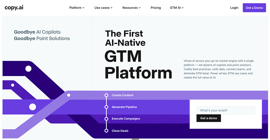 Copy.ai homepage, "The First AI-Native GTM Platform," for creating content, generating pipeline and executing campaigns