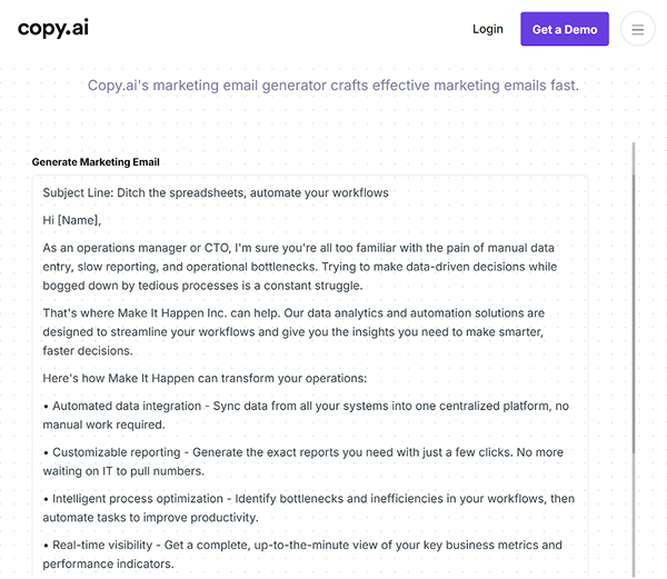 Copy.ai marketing email generator drafting an email with the subject line "Ditch the spreadsheets, automate your workflows"