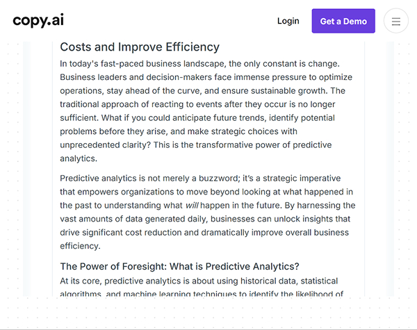 Copy.ai-generated article on how predictive analytics cuts costs and improves efficiency