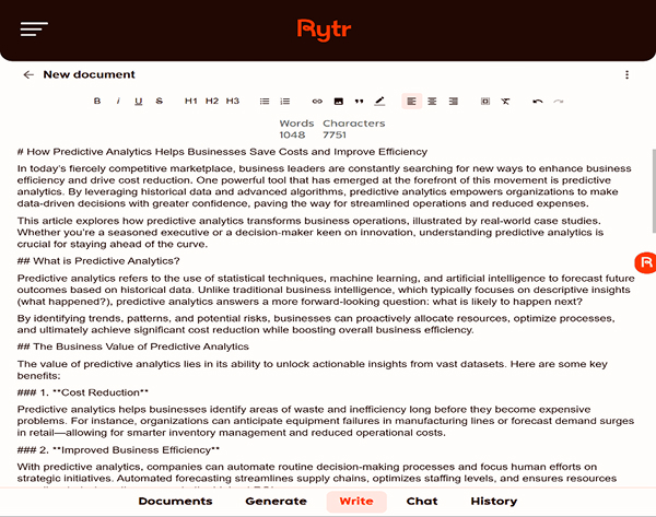 Rytr editor with a 1,048-word AI-generated article on how predictive analytics helps businesses cut costs