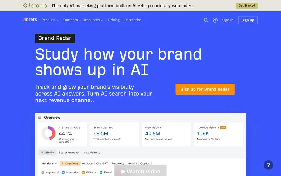 The Ahrefs Brand Radar page, "Study how your brand shows up in AI"