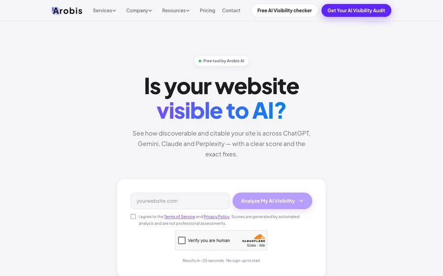 The Arobis AI Visibility Checker page, "Is your website visible to AI?", with a field to enter your website