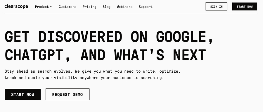 Clearscope homepage, "Get discovered on Google, ChatGPT, and what's next," for writing, optimizing and tracking content