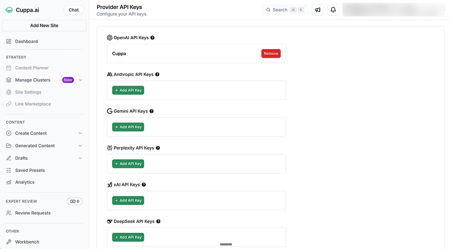 Cuppa supports multiple LLM providers, letting you bring your own API keys.