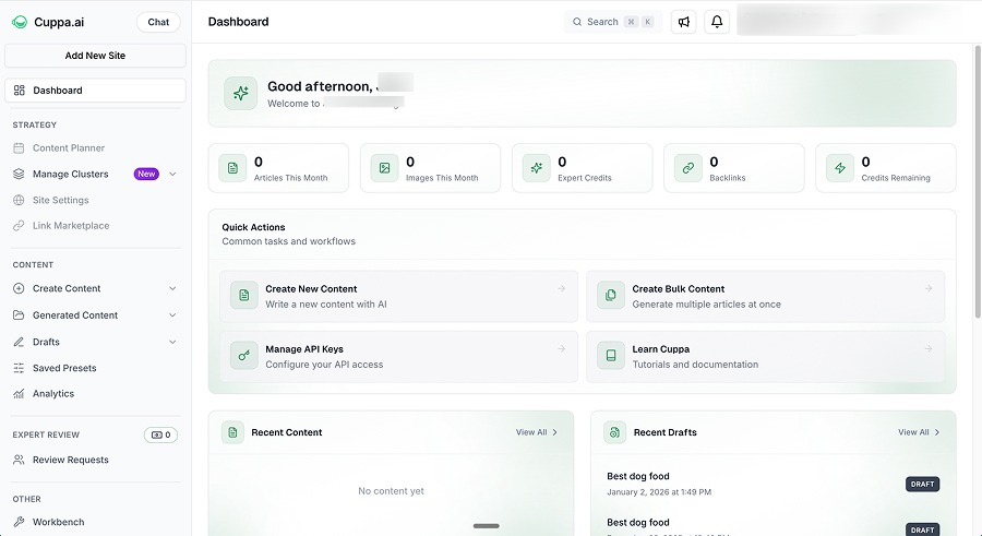 Cuppa.ai dashboard with quick actions to create new content, create bulk content and manage API keys