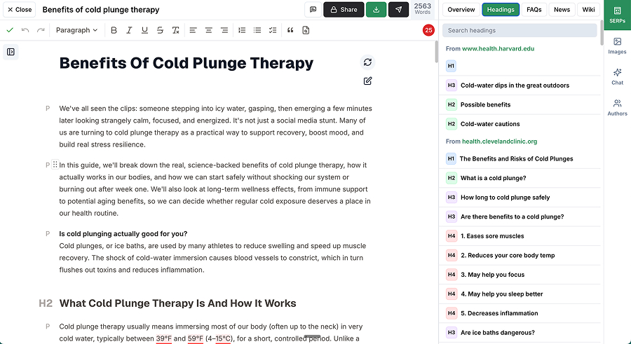 Cuppa.ai editor drafting "Benefits of Cold Plunge Therapy," with headings from top-ranking pages in its SERP panel