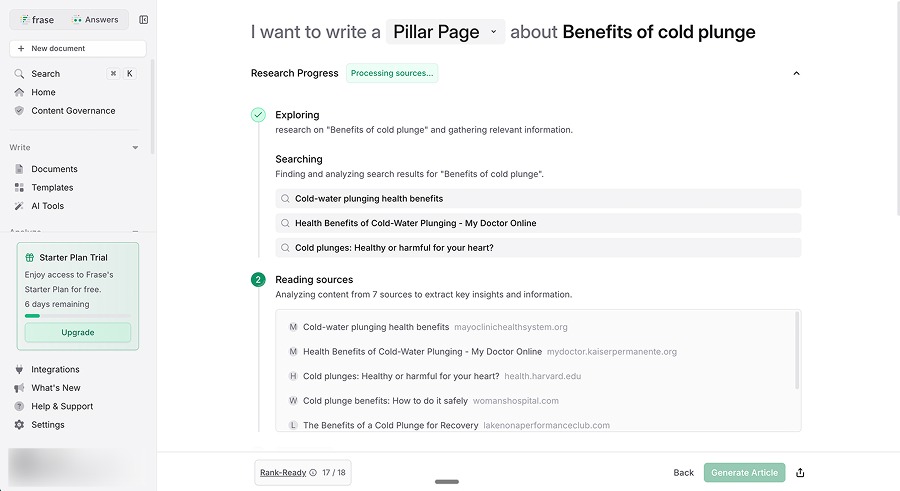 Frase lets you select the article type before generating. Here I chose pillar page.