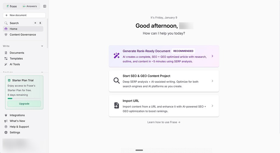 Frase home screen offering to generate a rank-ready SEO document, start an SEO and GEO content project, or import a URL