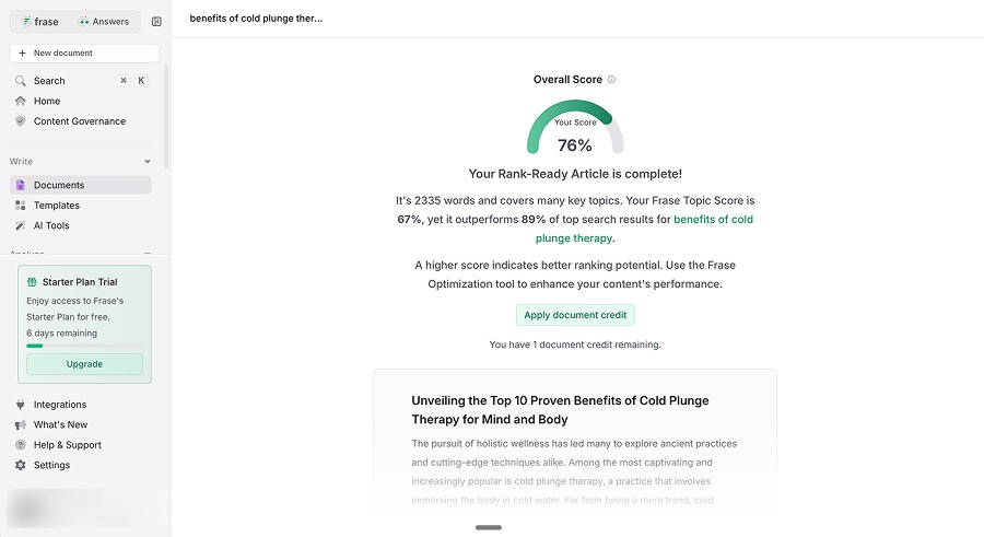 One UI showed 67%, this one showed 76%. The inconsistency was confusing, and either way the tool scored its own AI-generated content fairly low on its optimisation grading.