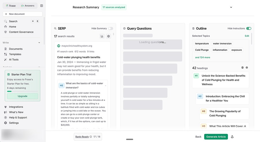 Frase research view for cold plunging: 17 search results, query questions and a generated 42-heading outline