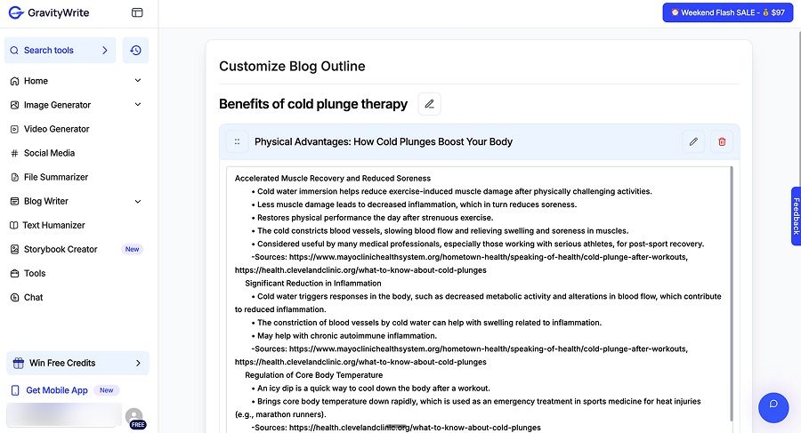GravityWrite blog outline editor for "Benefits of cold plunge therapy," with sourced bullet points under each heading