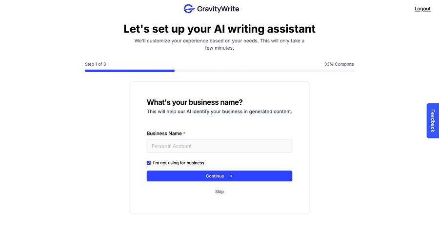 GravityWrite onboarding, "Let's set up your AI writing assistant," asking for a business name