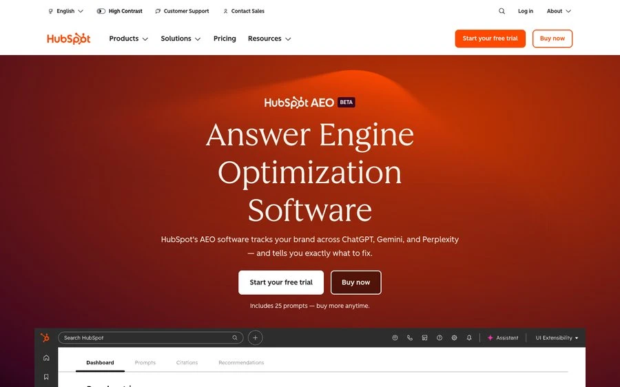 The HubSpot AEO page, "Answer Engine Optimization Software", which tracks your brand across ChatGPT, Gemini and Perplexity