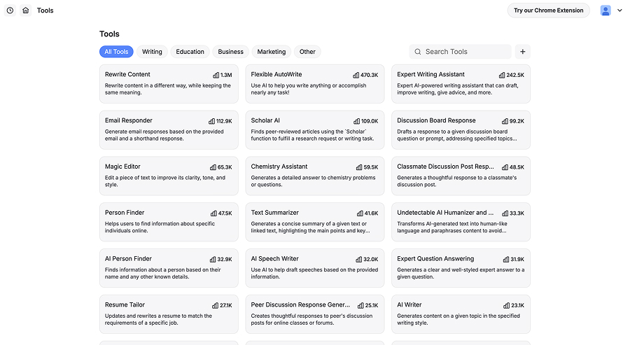 HyperWrite's AI tools library, including Rewrite Content, Flexible AutoWrite and an Expert Writing Assistant