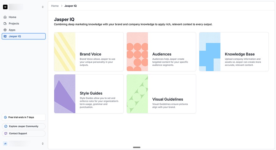 Jasper IQ settings for brand voice, audiences, knowledge base, style guides and visual guidelines