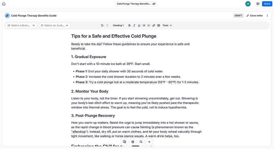 Jasper editor drafting a cold plunge therapy benefits guide, with brand voice and audience selectors