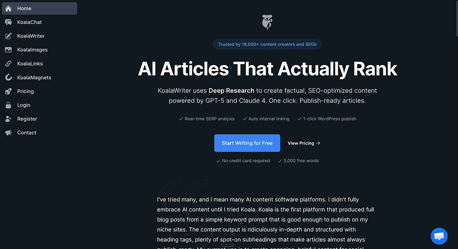 KoalaWriter homepage, "AI Articles That Actually Rank," with real-time SERP analysis, auto internal linking and WordPress publishing