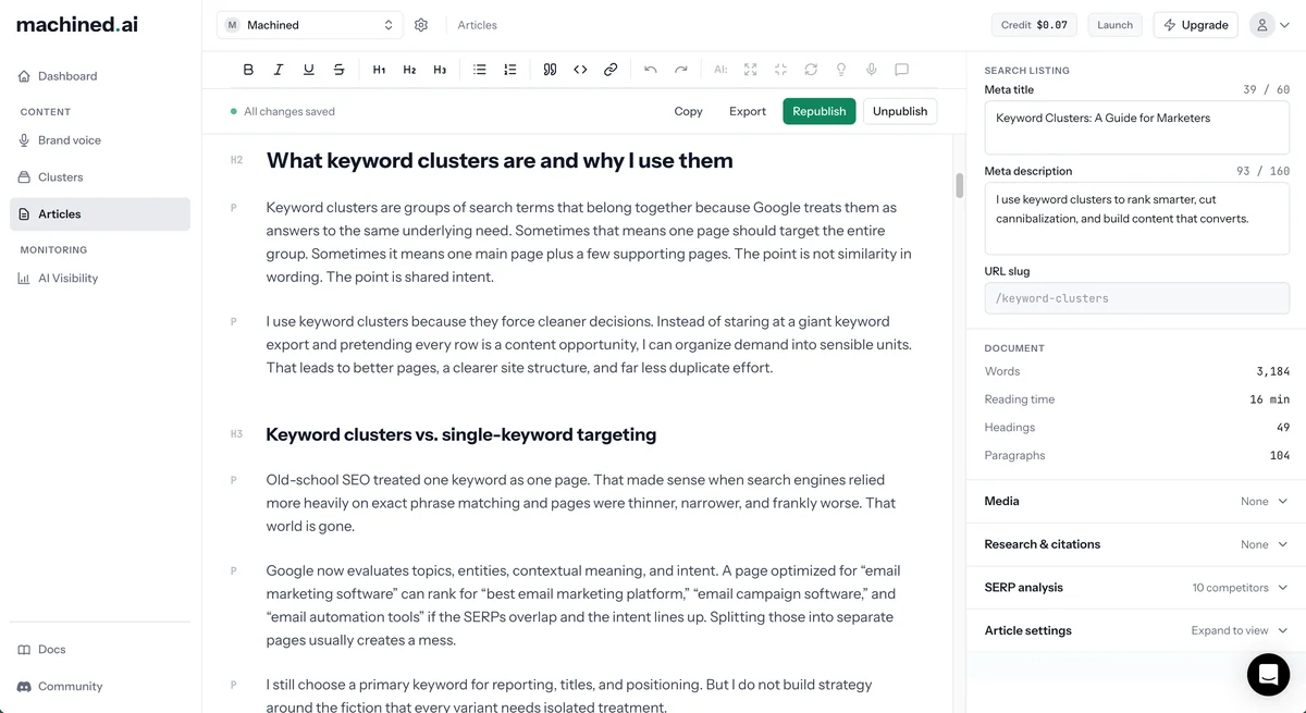 An article open in the Machined.ai editor, beside its meta title, meta description, URL slug and word count