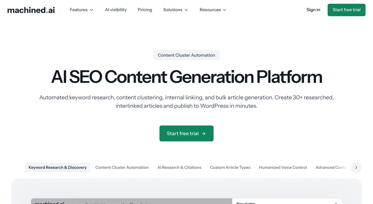 The Machined.ai homepage: "AI SEO Content Generation Platform", with a button to start a free trial
