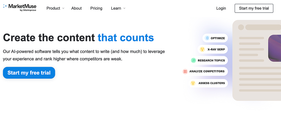 MarketMuse homepage, "Create the content that counts," with features to optimize, research topics, analyze competitors and assess clusters