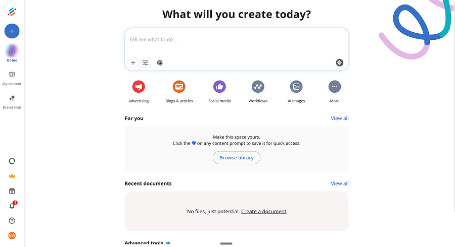 Neuroflash home screen, "What will you create today?", with shortcuts for advertising, blogs and articles, social media and AI images