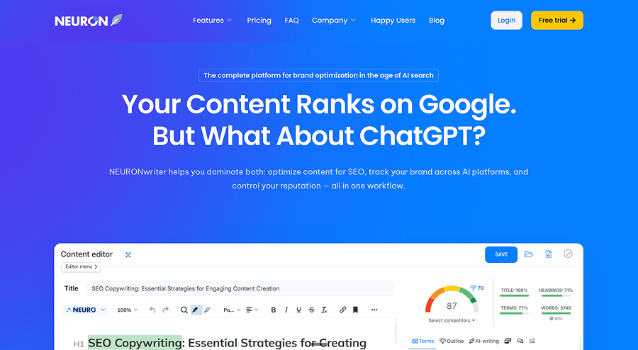 NEURONwriter homepage, "Your Content Ranks on Google. But What About ChatGPT?", above its content editor