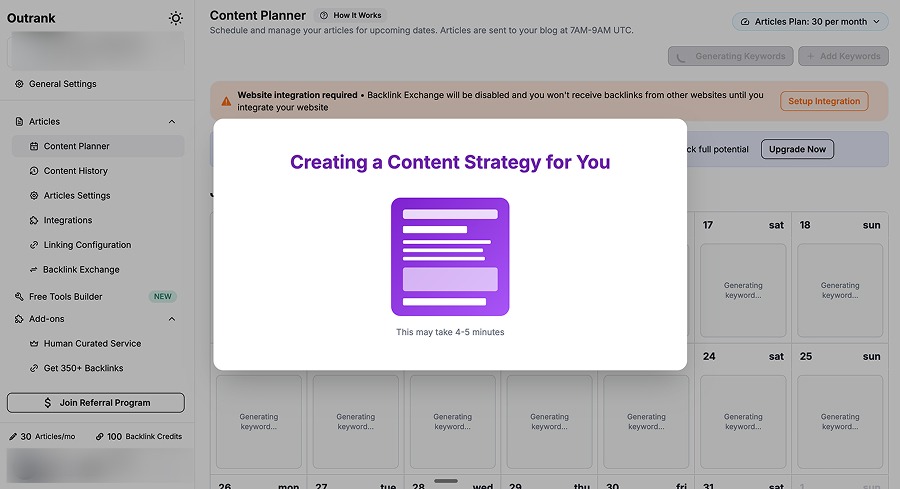 Outrank content planner creating a content strategy, with a monthly calendar of articles generating keywords