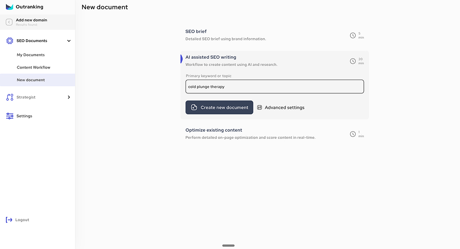 Outranking new document options: an SEO brief, AI-assisted SEO writing for "cold plunge therapy", or optimizing existing content