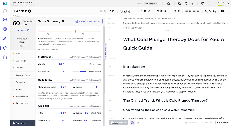 The editor is useful, but Outranking's own AI content scored just 60, below its recommended target of 71