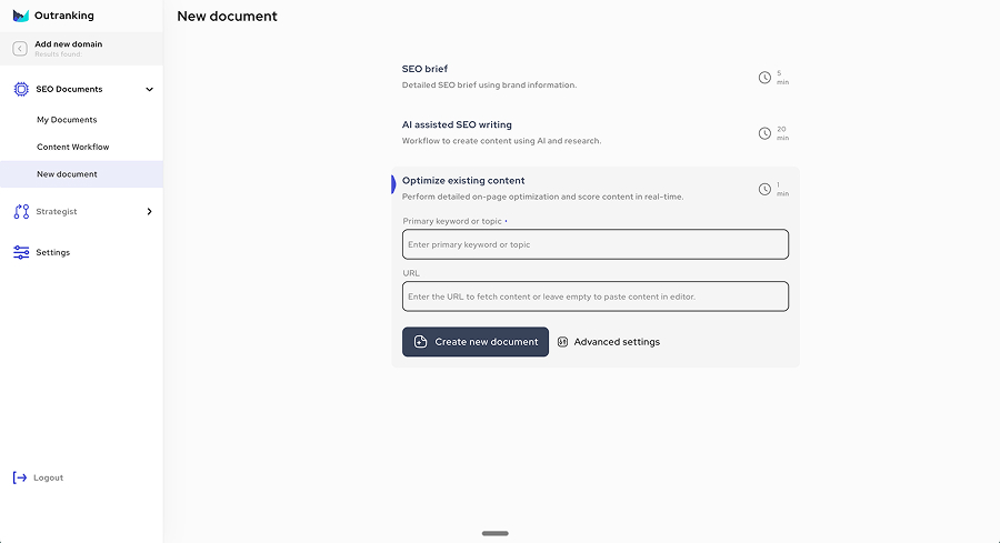 Outranking new document screen with Optimize existing content selected, to score a page for a keyword or URL