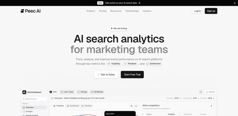The Peec AI homepage, "AI search analytics for marketing teams"
