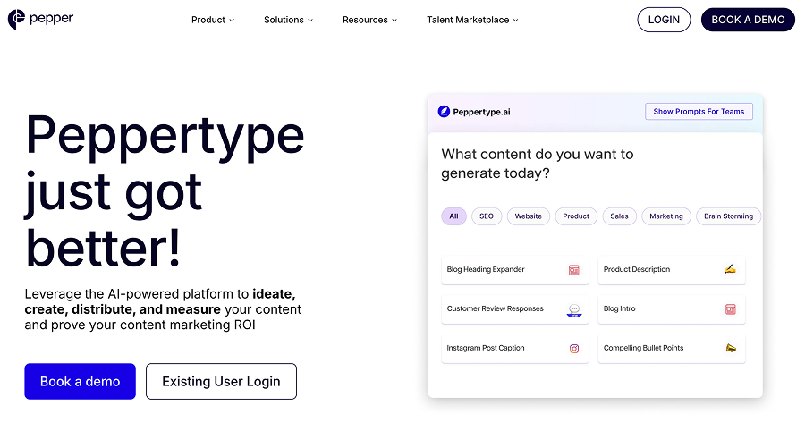 Peppertype.ai homepage, an AI content platform with templates for blog intros, product descriptions and Instagram captions