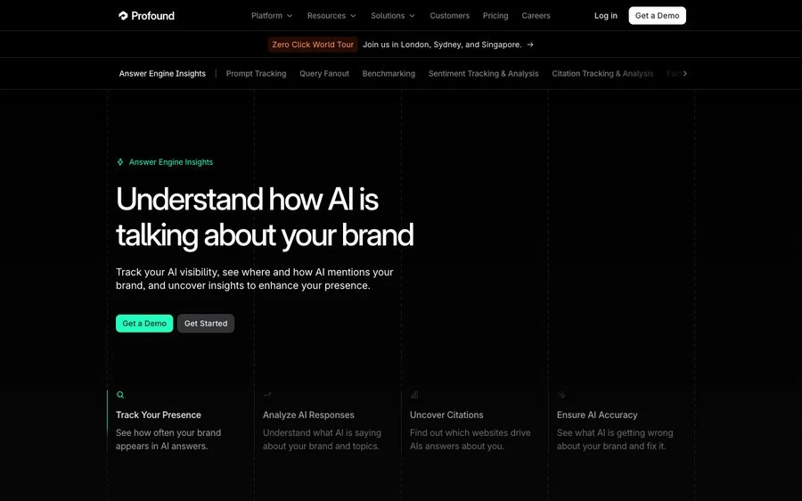The Profound Answer Engine Insights page, "Understand how AI is talking about your brand"