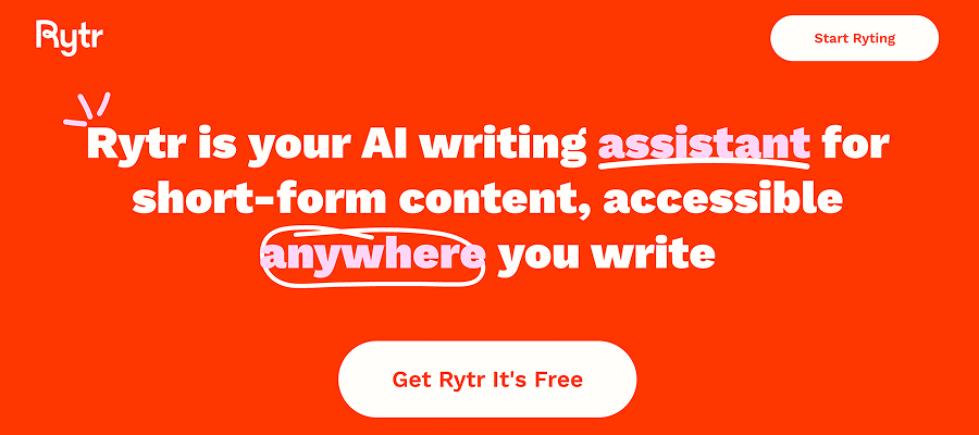 Rytr homepage: "Rytr is your AI writing assistant for short-form content, accessible anywhere you write"
