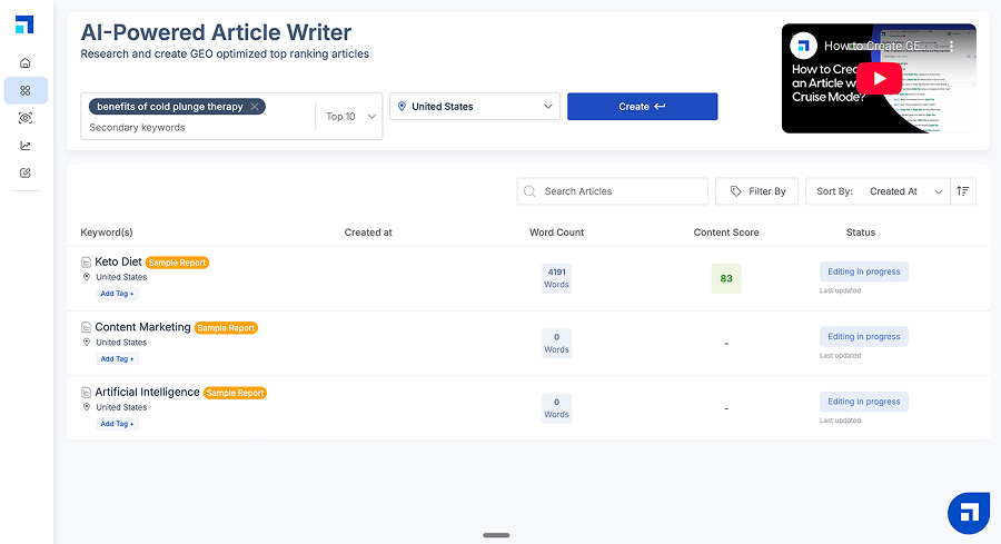 Scalenut AI-Powered Article Writer, setting up a GEO-optimized article for "benefits of cold plunge therapy"