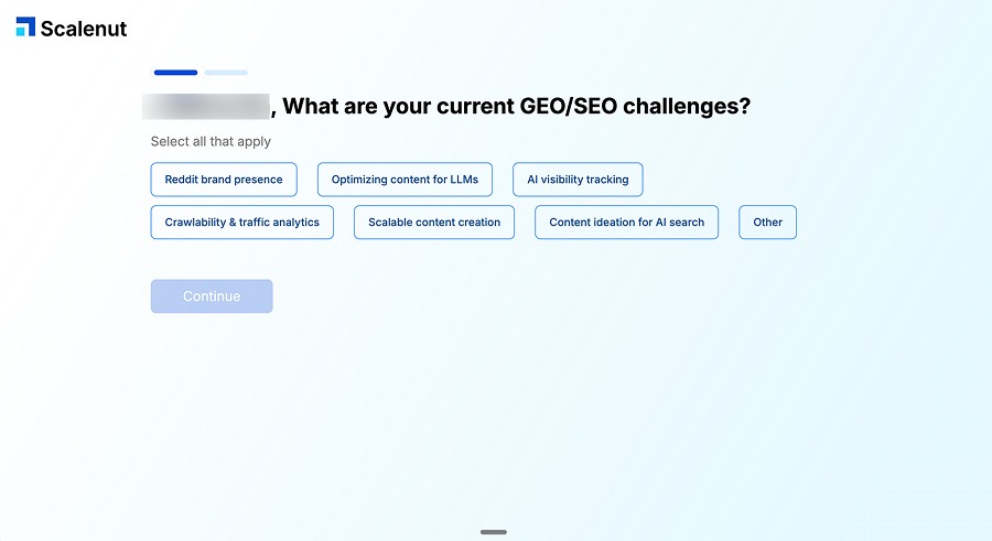 Scalenut onboarding asking about GEO and SEO challenges, from AI visibility tracking to scalable content creation