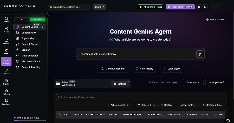 SearchAtlas Content Genius Agent, its AI writing assistant, starting an article on "benefits of cold plunge therapy"