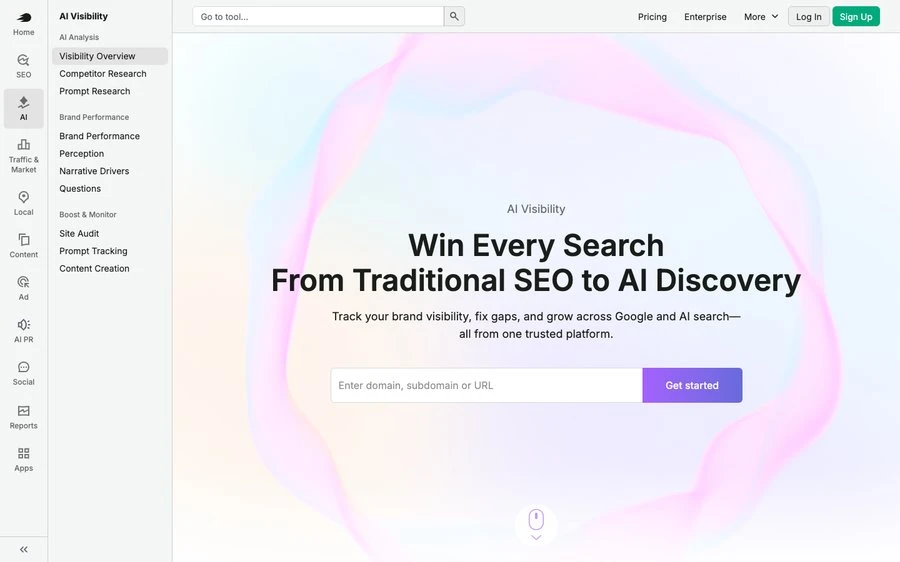 The Semrush AI Visibility page, "Win Every Search From Traditional SEO to AI Discovery"