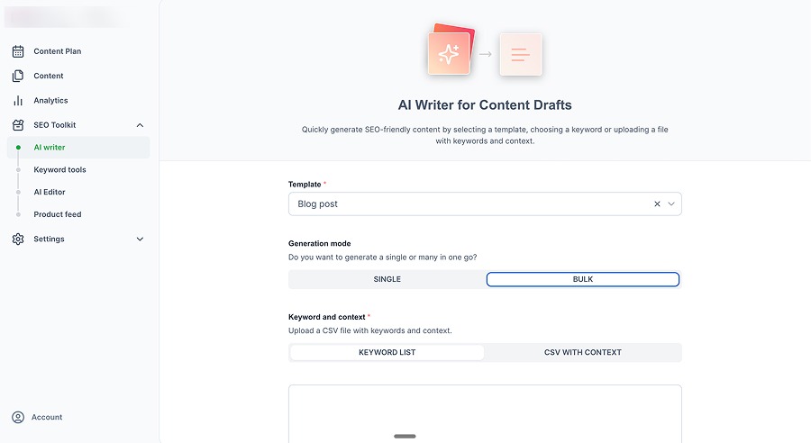 SEO.ai AI writer generating blog post drafts in bulk from a keyword list or CSV
